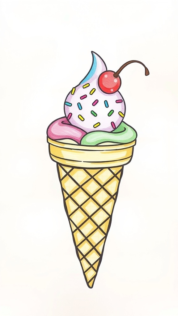 A colorful drawing of an ice cream cone with a scoop of ice cream and toppings.